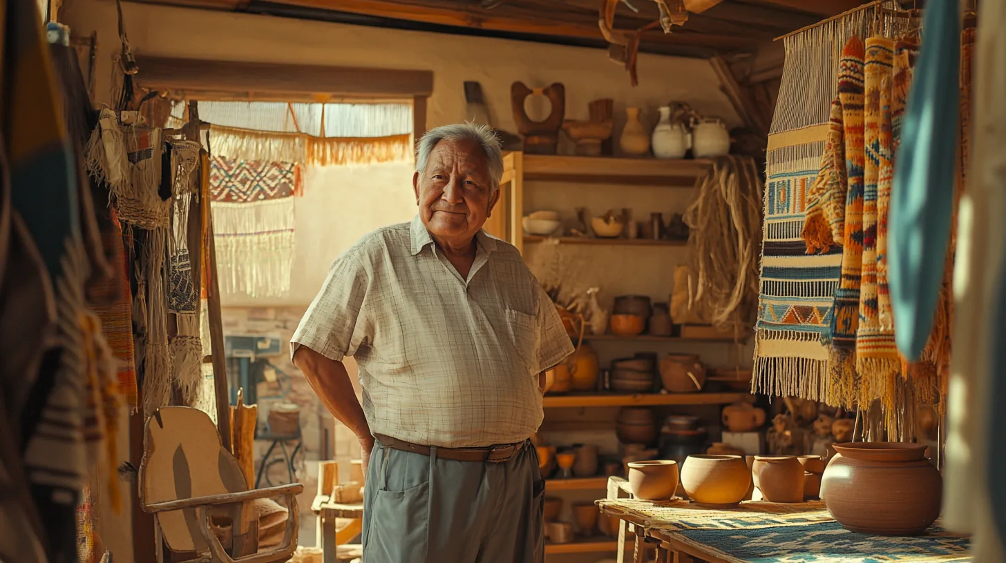 Elderly Native American small business owner in a Southwestern shop considering SBA loan options