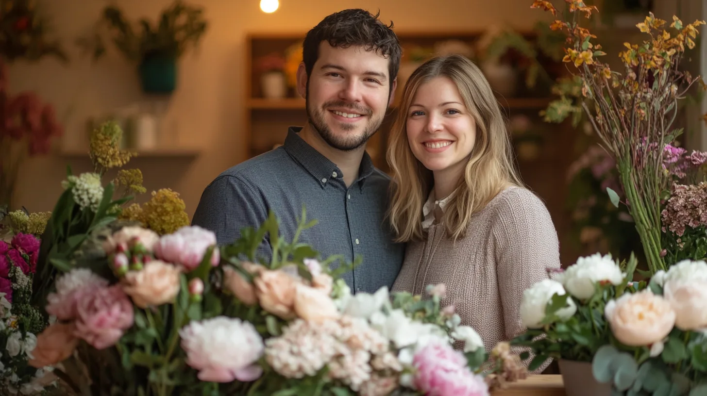 Caucasian husband and wife flower shop owners discussing a business line of credit