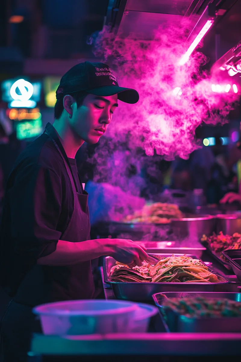 Young Korean American food truck operator preparing fresh banchan