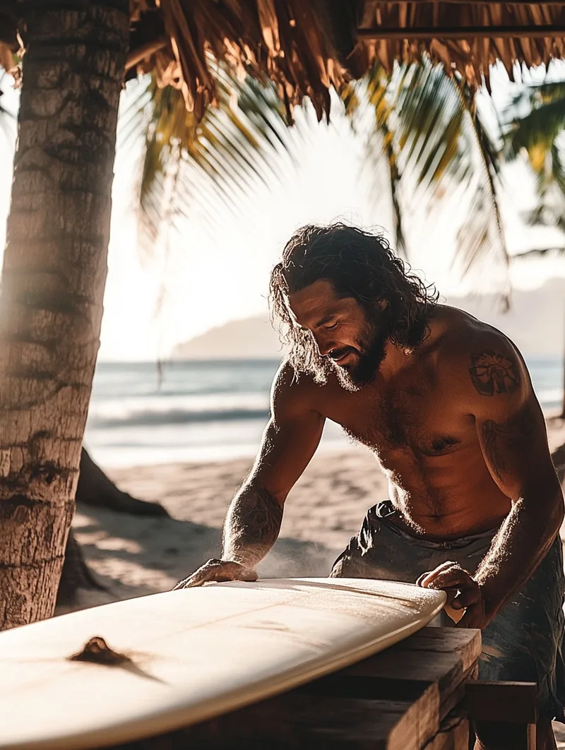 Native Hawaiian surfboard shaper in his open-air workshop sanding a board