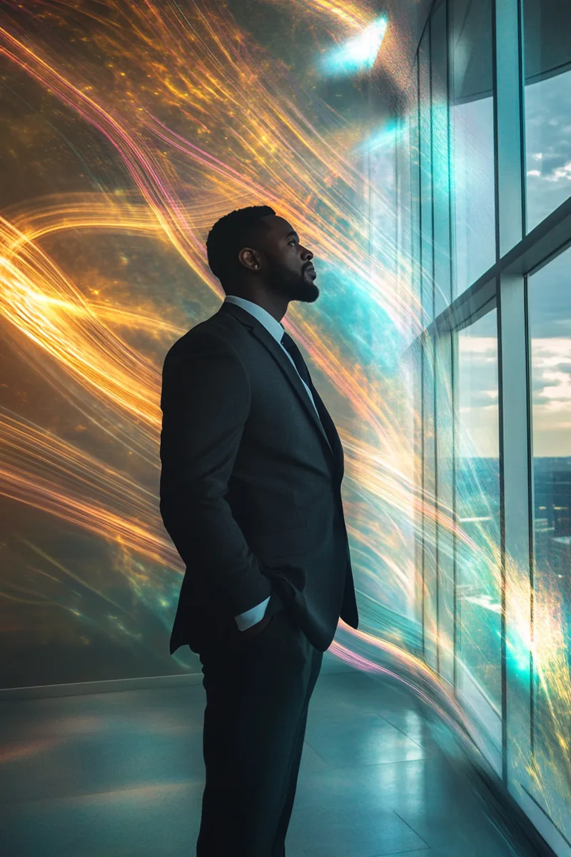 African American certified public accountant in a contemporary Atlanta office reviewing digital financial ledgers