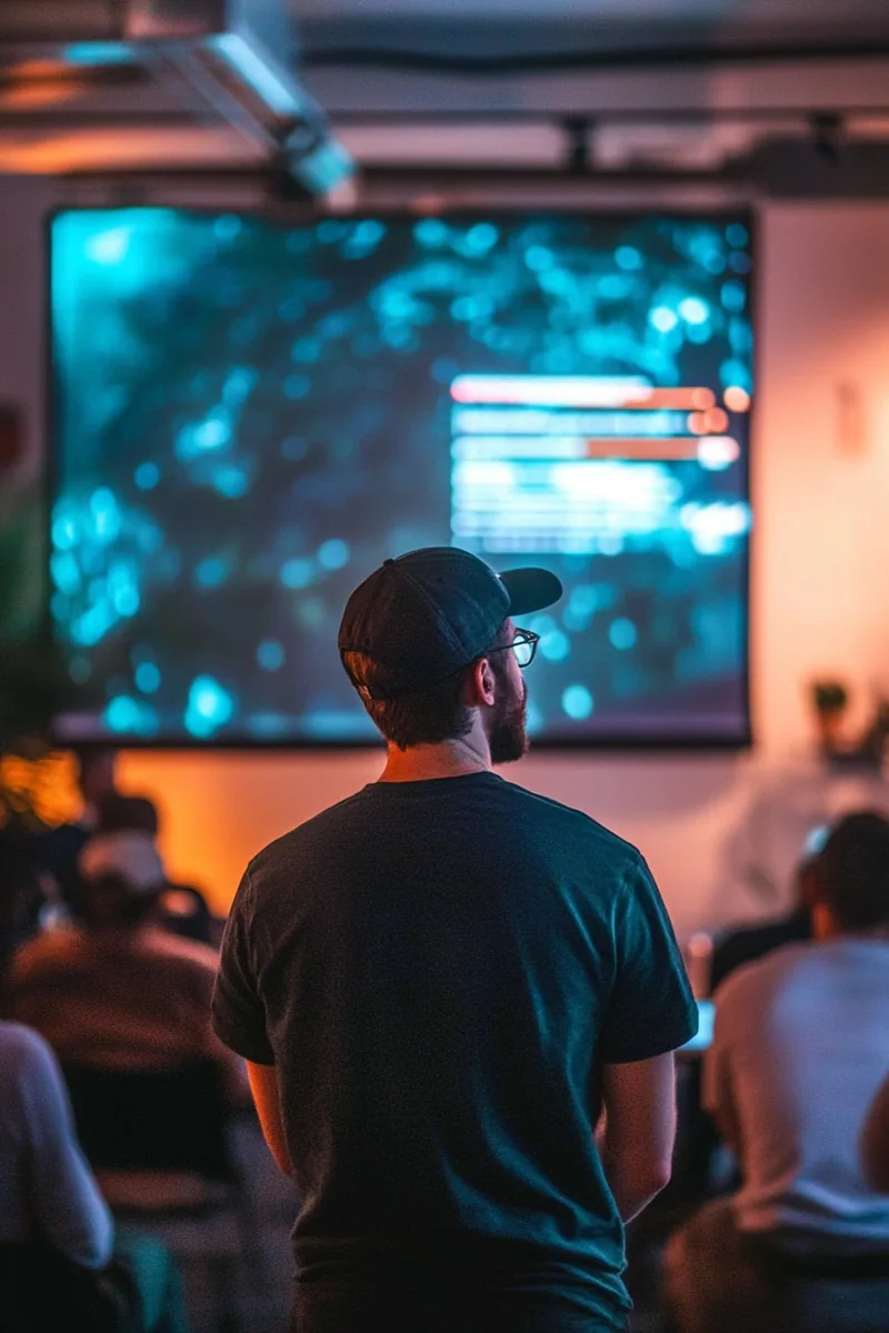Young Jewish American app developer pitching at a startup incubator with a holographic slide deck behind him