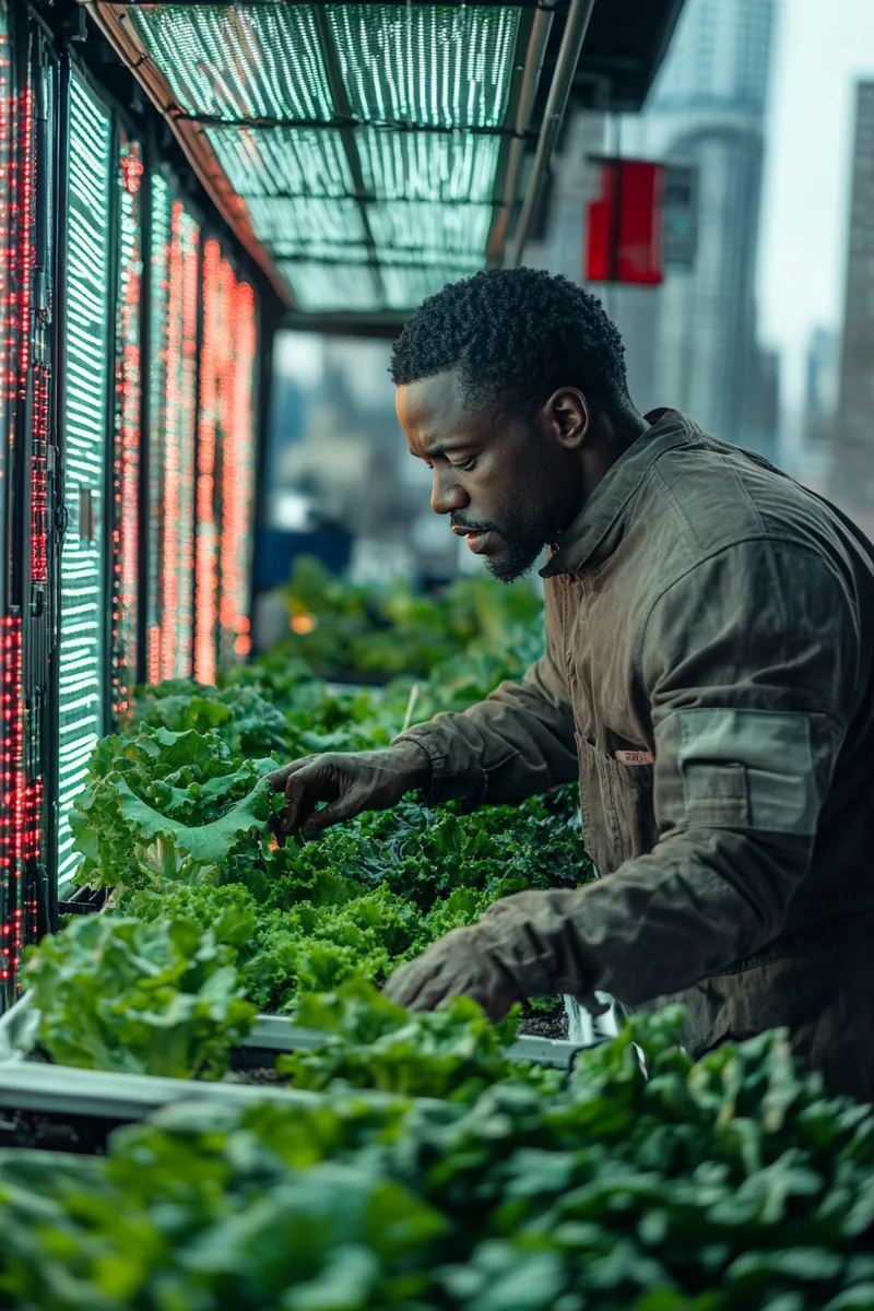 African American urban farmer tending leafy greens in a rooftop greenhouse