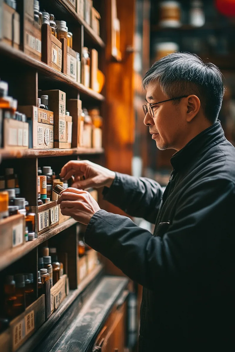 Chinese American herbalist arranging traditional medicine bottles in a wall apothecary