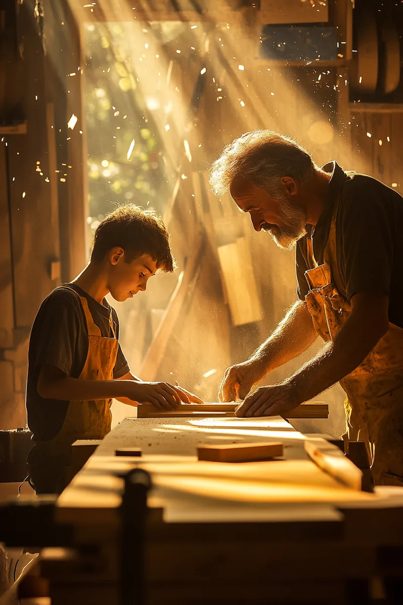 Caucasian master carpenter teaching his teenage apprentice in a sunlit workshop